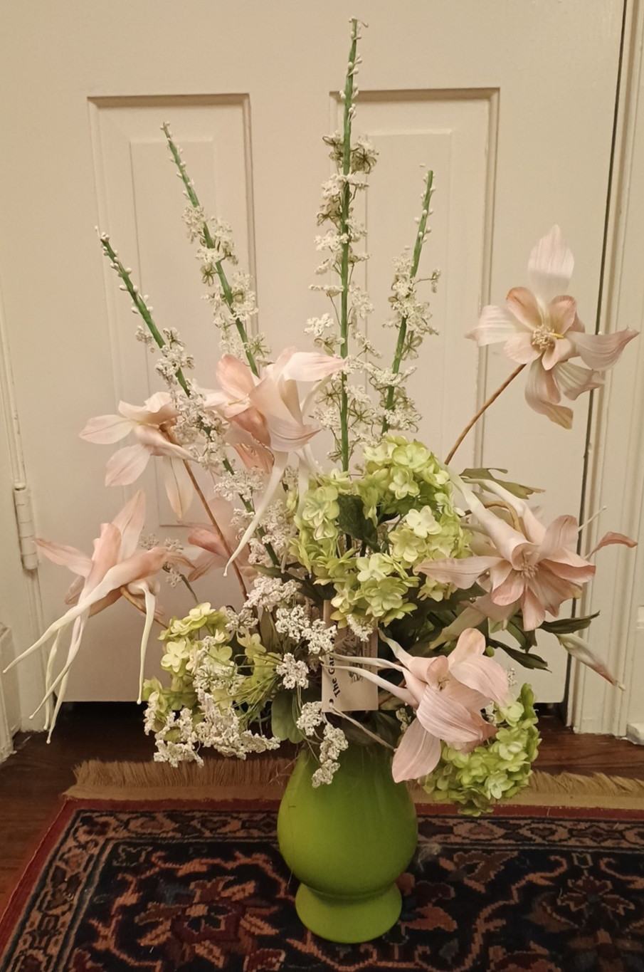 Pink Lily Delphinium Hydrangea Faux Silk Flower Arrangement Floral Green Vase