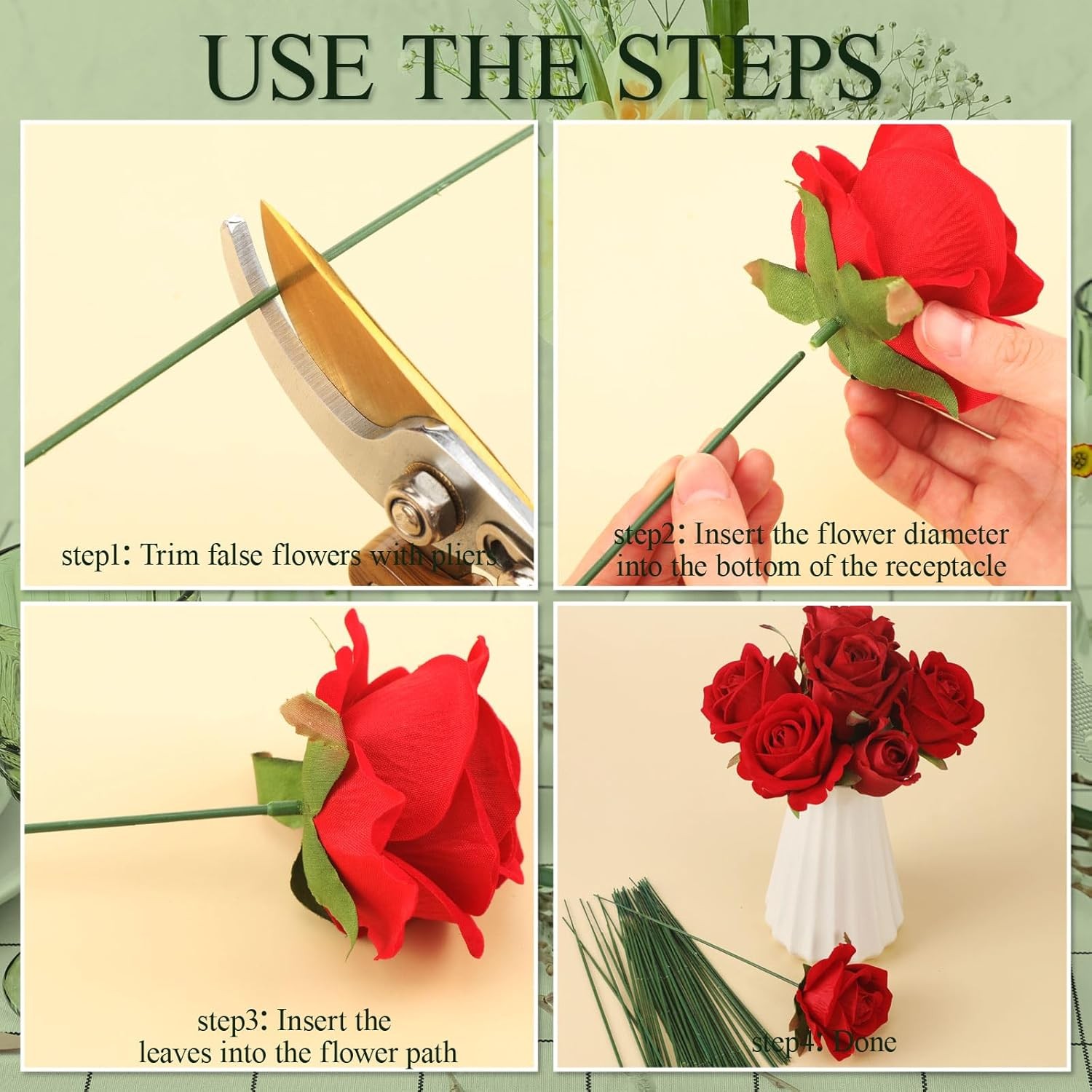 300pcs Artificial Flower Stems 6.7in、8in、10in Plastic Green Floral Wire Stems