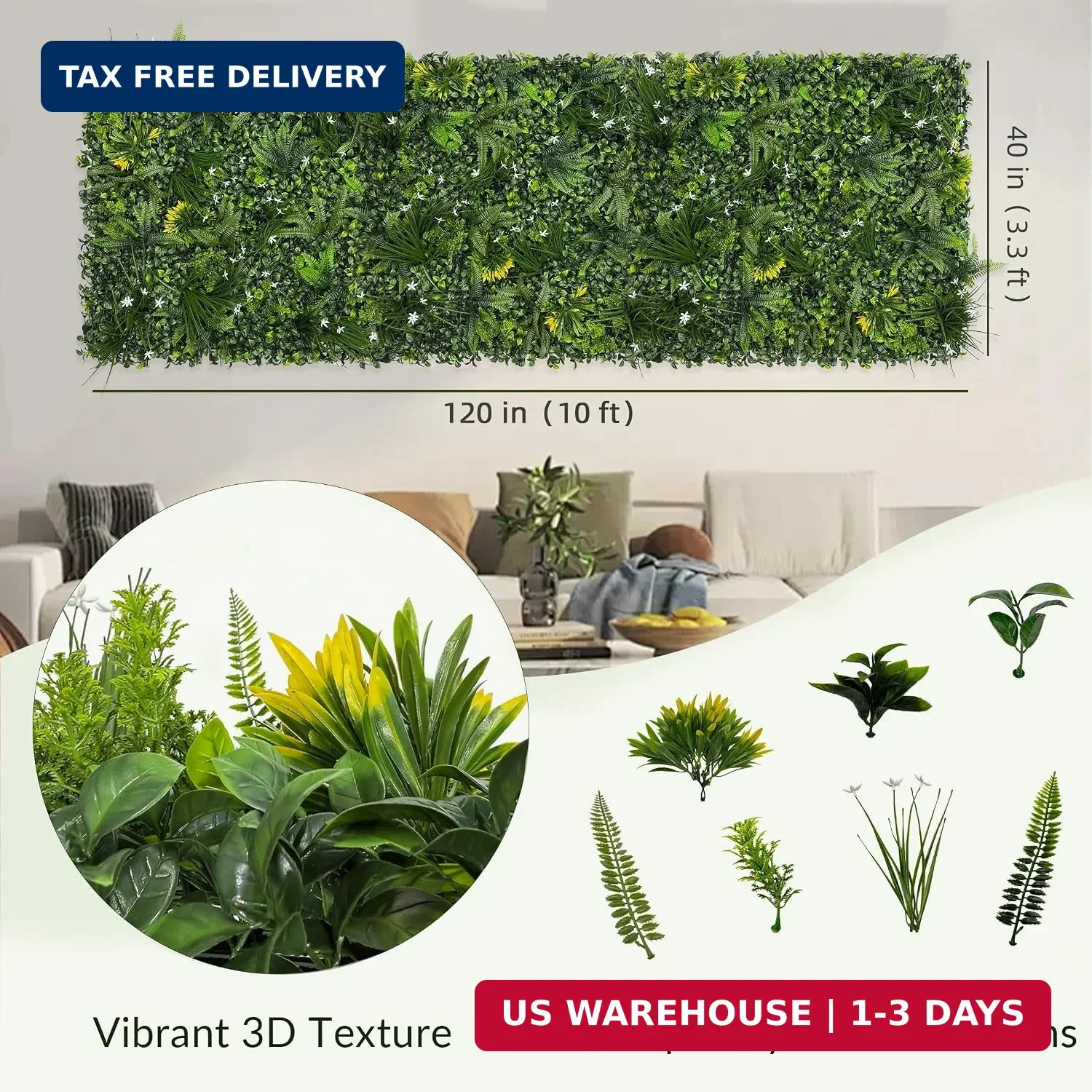 Artificial Grass Wall Boxwood Panel Roll: 40″x120″ UV Resistant | Faux Green Lea