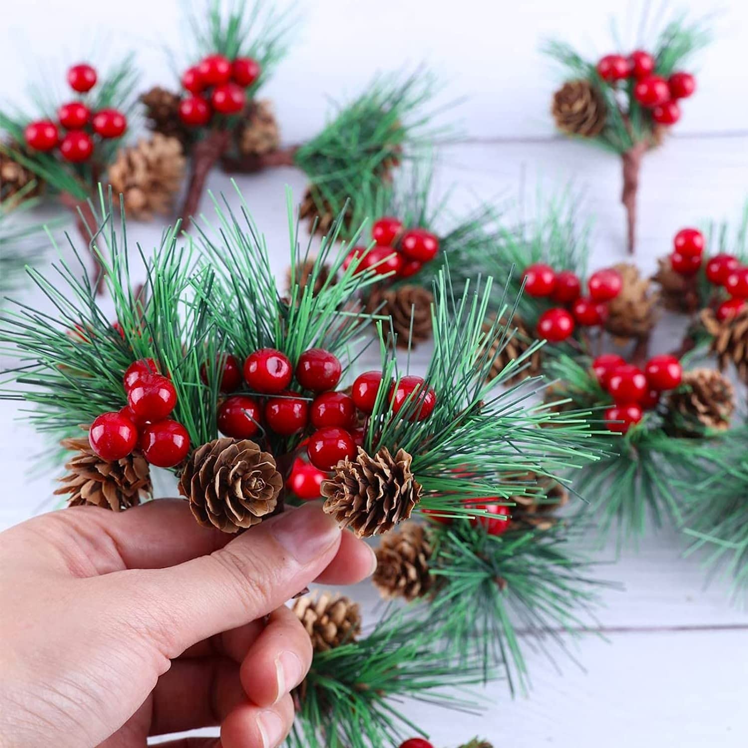 20 Pcs Artificial Pine Picks, Christmas Cone Picks Red Berry Stems, Green Pin…