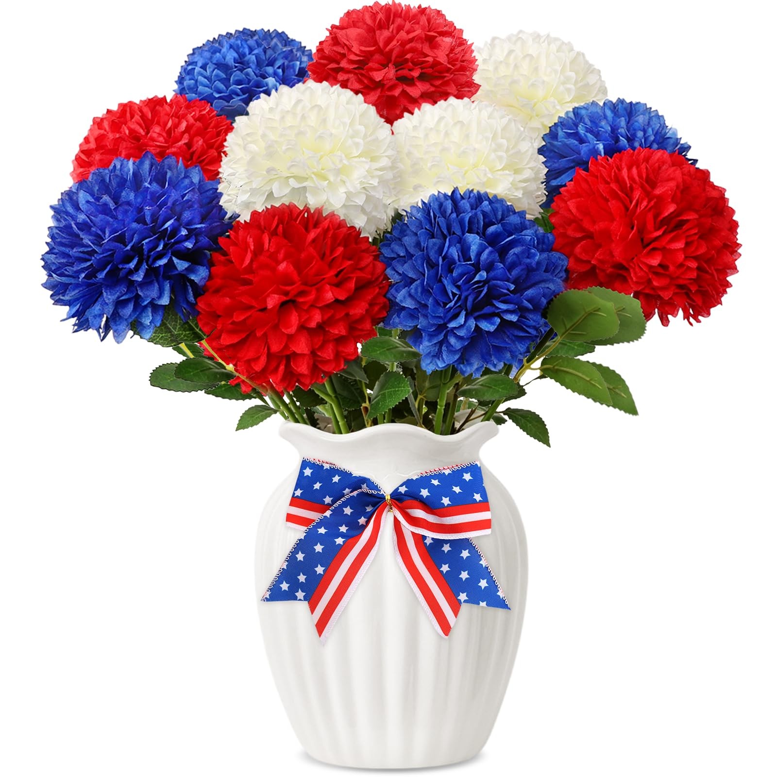 12 PCS Artificial Chrysanthemums Flowers 4th Of July Silk Red White Blue Mums