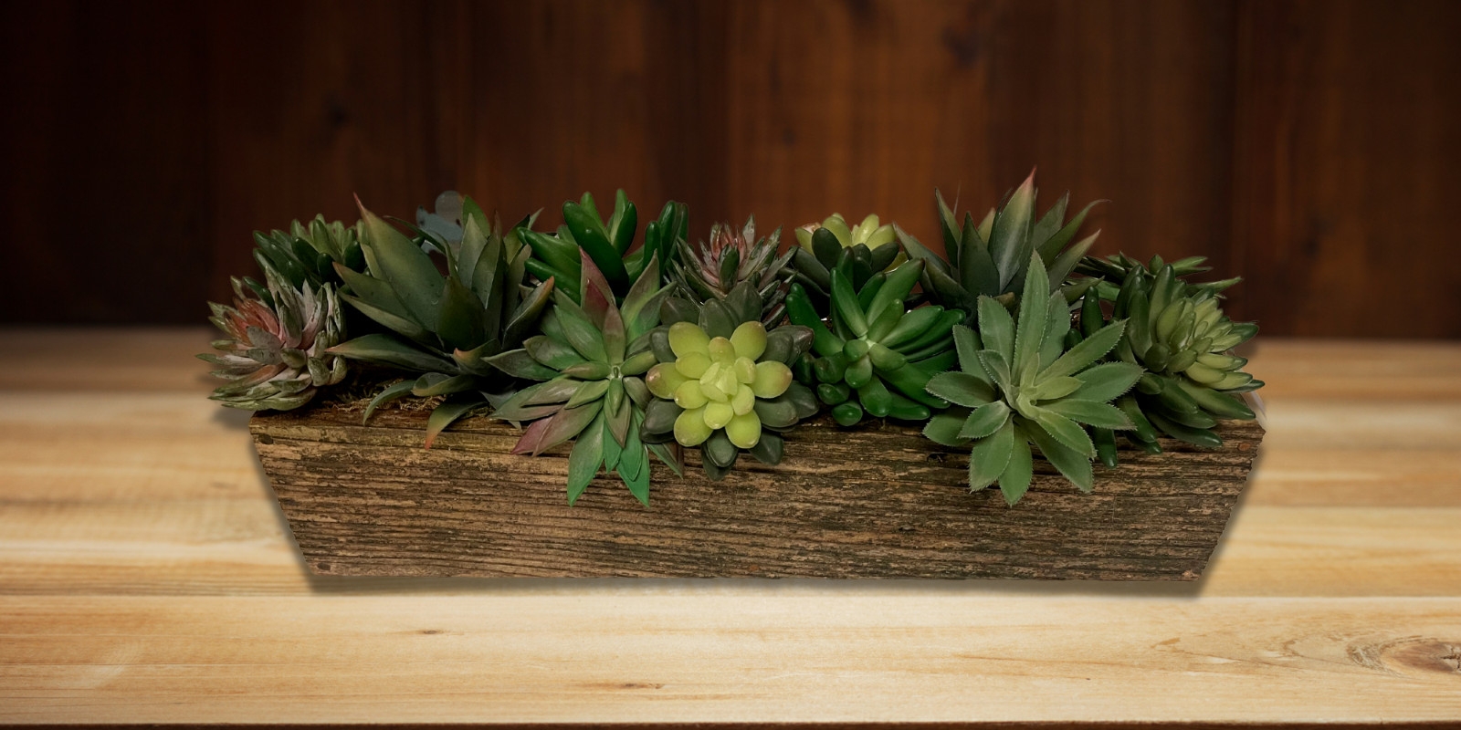 Artificial Succulent Plant Arrangement in Rustic Wood Planter – 18in or 24in