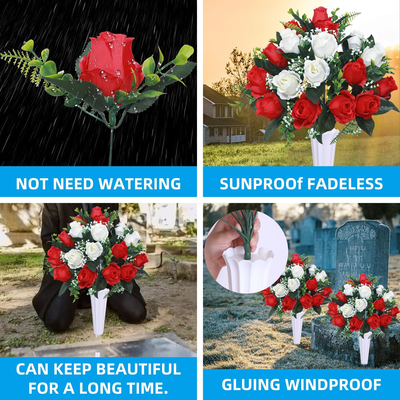 Hibsotco Set of 2 Artificial Cemetery Flowers with Vase,Grave Memorial Day Fl…