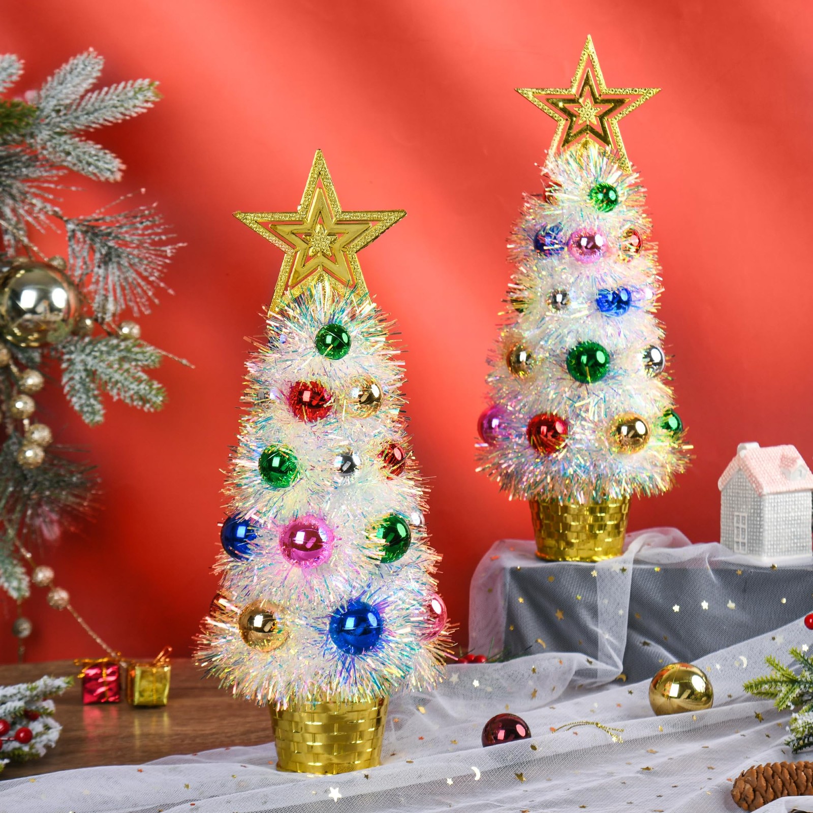 2 PCS 14 Inch Mini White Tinsel Tabletop Christmas Trees Multicolored Decor