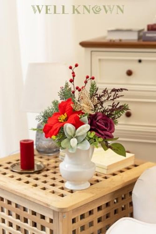 11 Pcs Artificial Flowers Bouquet with Pine Branches, 14″ Red Poinsettias