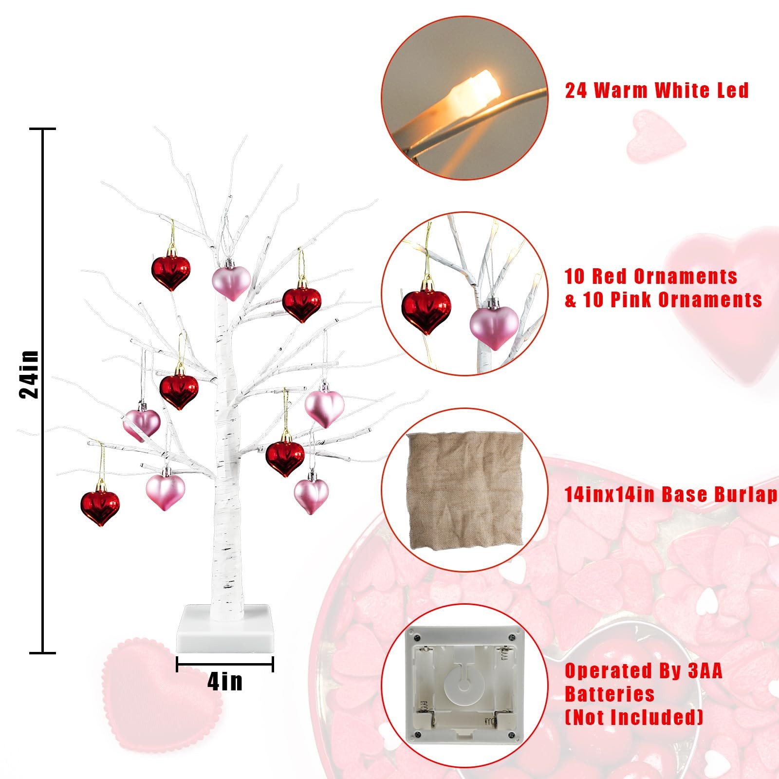 2 PCS 24 Inch Lighted Birch Tree 10 Heart Ornaments 24 LED Tabletop Decor Lamp