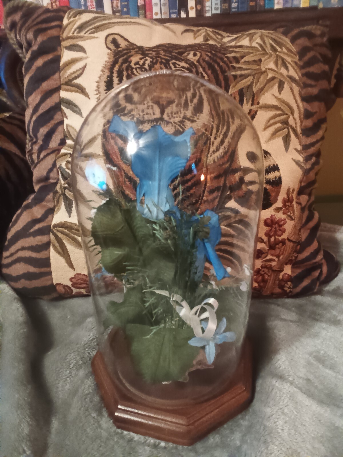 Glass dome blue,green and white artificial flower arrangement,wood base.