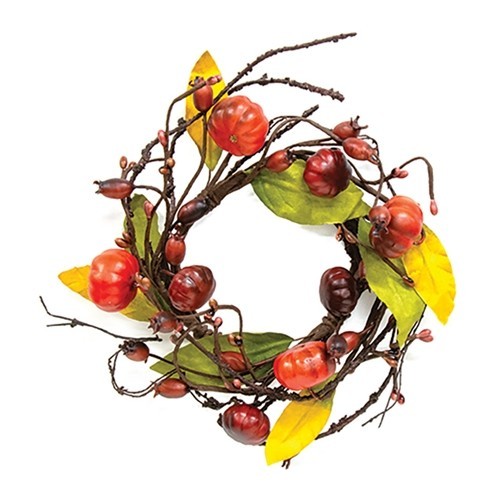 NEW Primitive FALL PUMPKINS CANDLE RING ORANGE RUST BERRY Leafy 3.5″x7″W Harvest