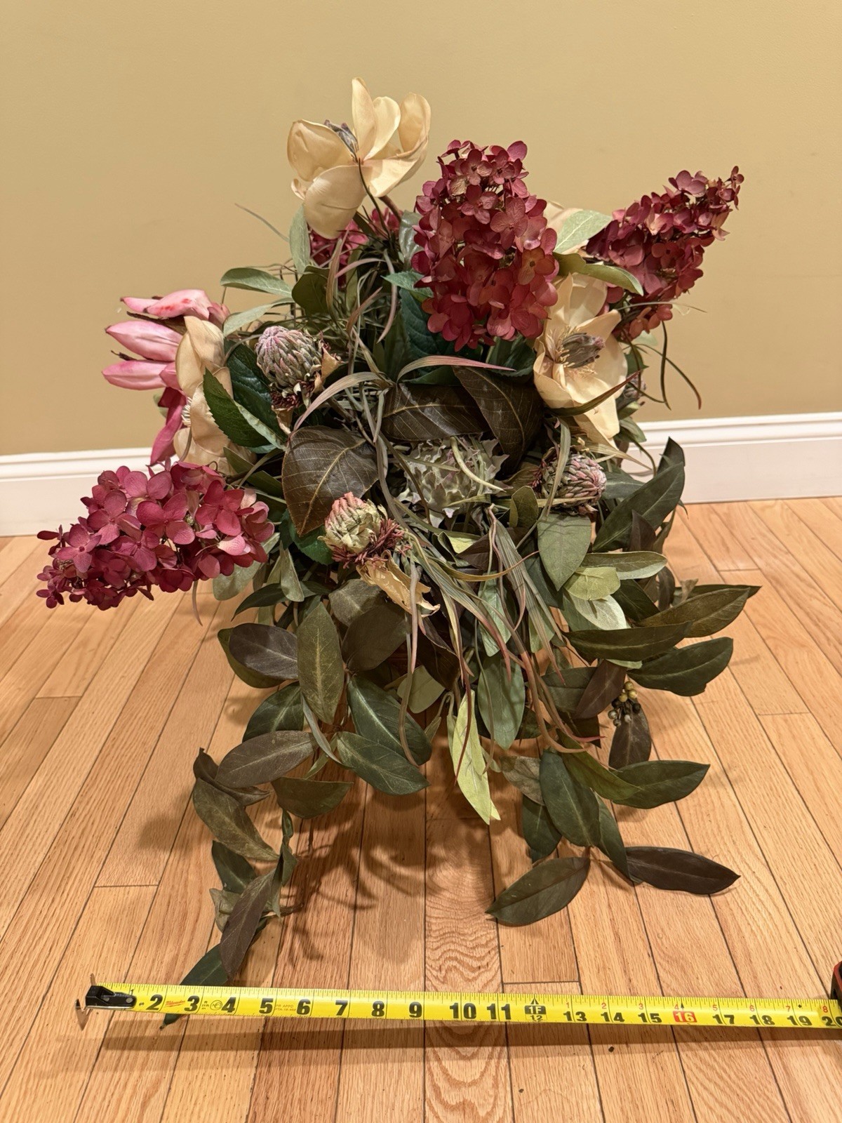 Vintage Artificial Flower Arrangement In Basket Foam Red White Green 25” X 23”