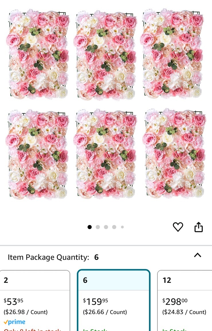 Flower Wall Panel Floral Backdrop-6pc. 24″ X 16″ For Wedding, Party, Decor-Pink