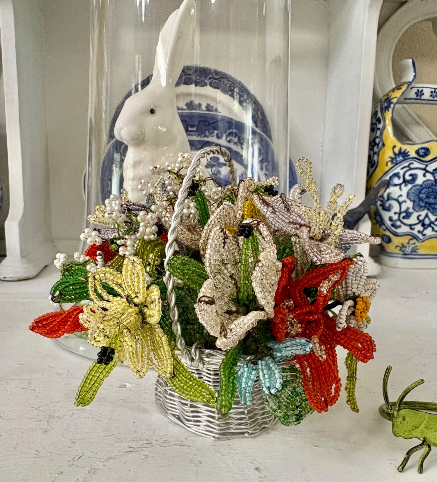 Vintage French Glass Beaded Flowers Bouquet handmade Silver plated wire basket
