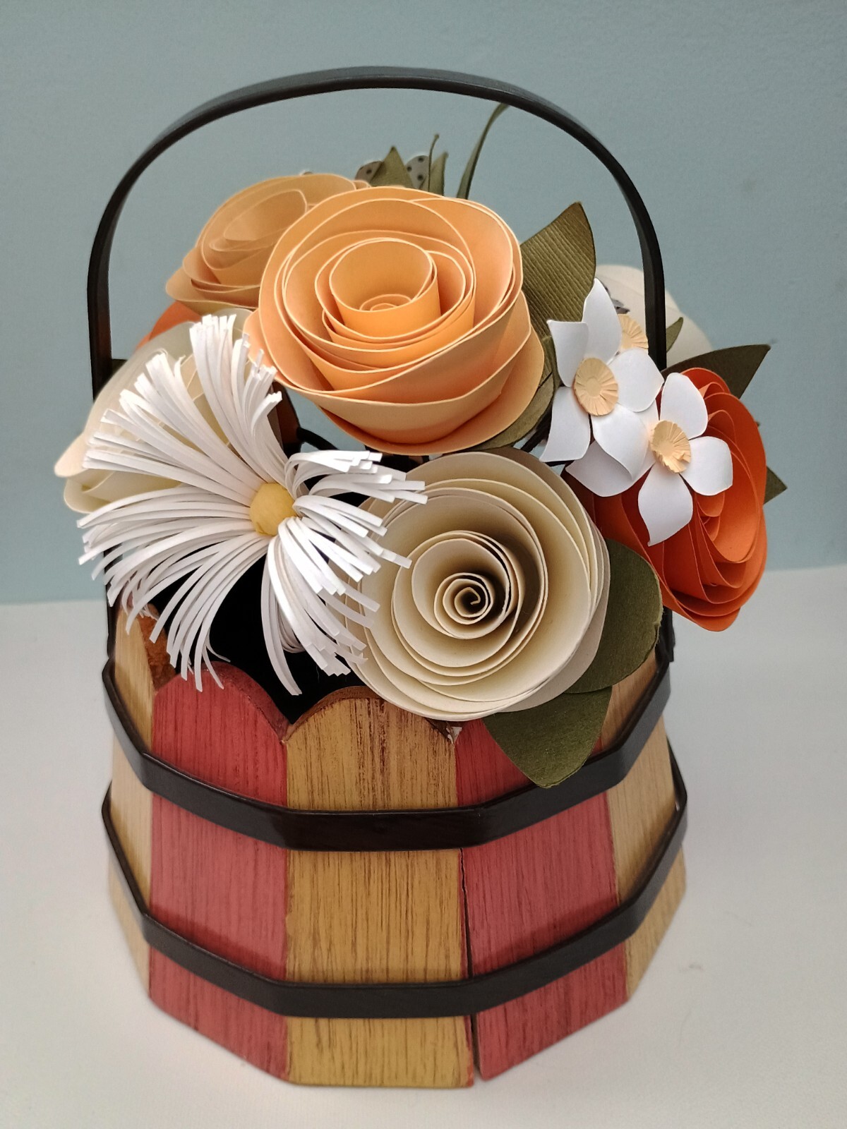 Wood slated Spring Basket of Paper Flowers – Roses daisies Blush color scheme