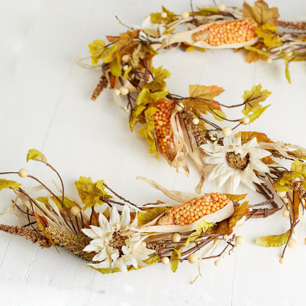 60″ Artificial Autumn White Sunflower and Corn Garland