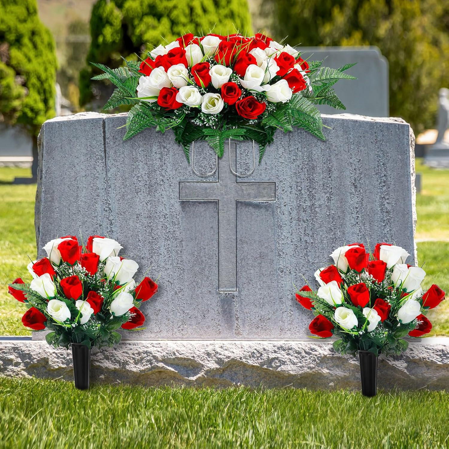3 Pcs Artificial Cemetery Flower Set with Vase – Red & White Memorial Bouquets