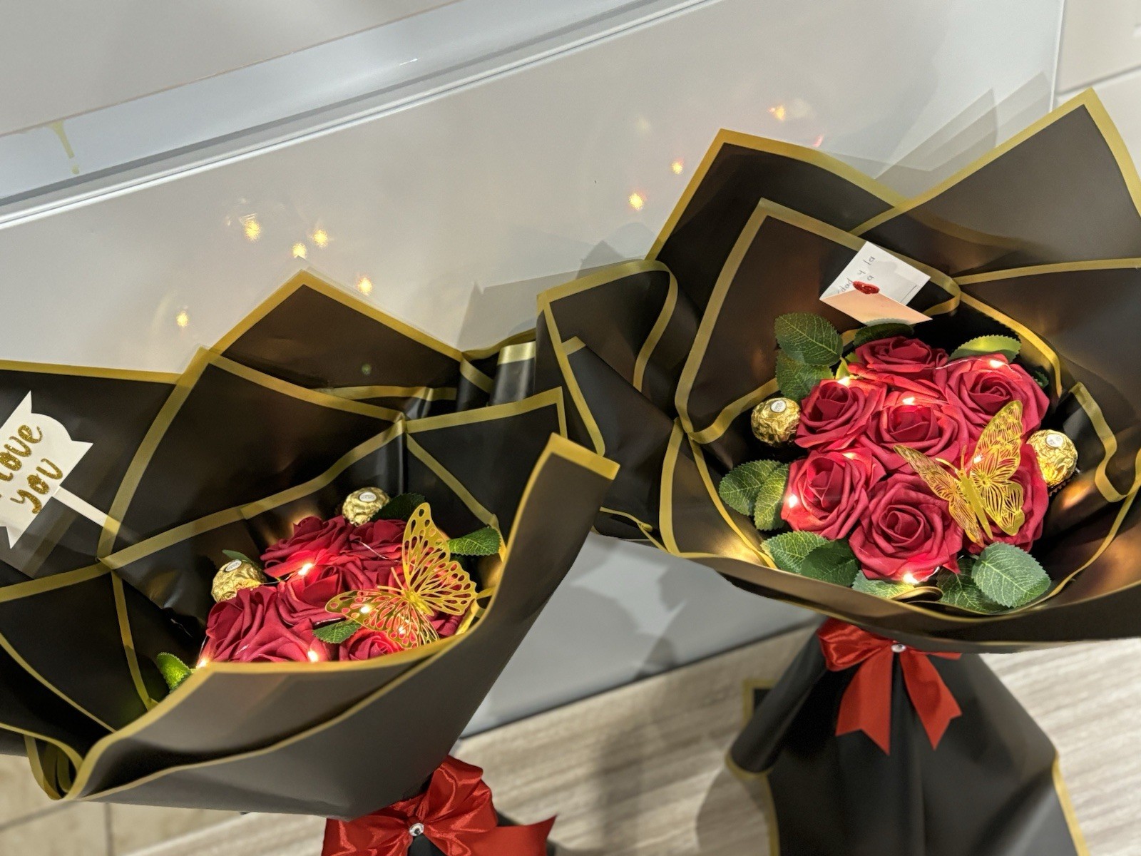 Artificial Rose Bouquet with Gold Butterfly, LED Lights, Red Black Gold Decor