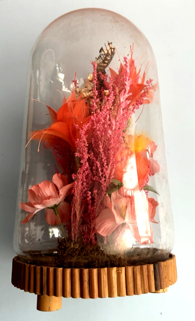 Vintage Plastic & Dried Flowers in Cloche by Allied Enterprises Inc. Bamboo Base