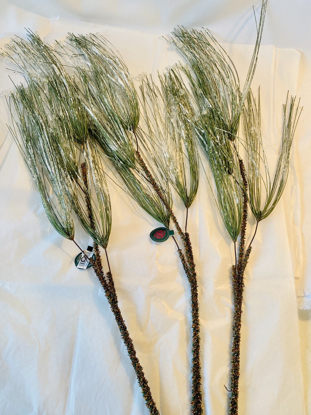 3 Green Frosted Icy Faux Pine Floral Pick Stems w/ Plastic Bead Ice 36″ Lot of 3