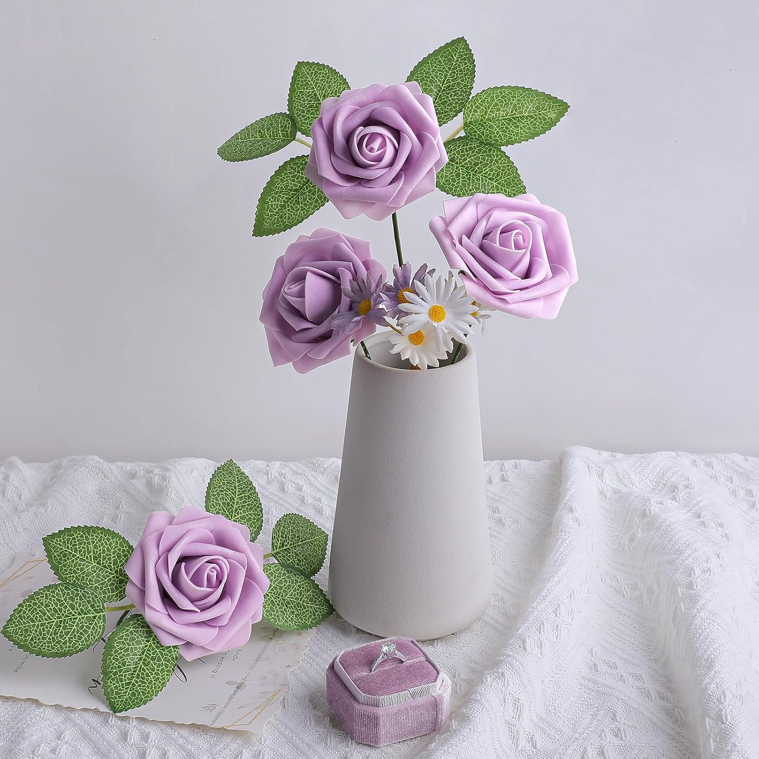 25Pcs Real Looking Artificial Lavender Roses W/Stem for DIY Wedding Bouquets Cen
