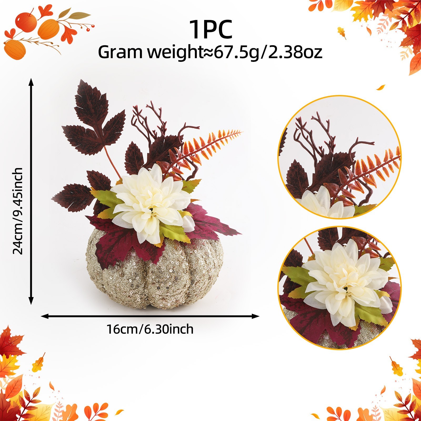 Table Centerpiece: Glitter Pumpkin with Silk Dahlias and Printed Leaves
