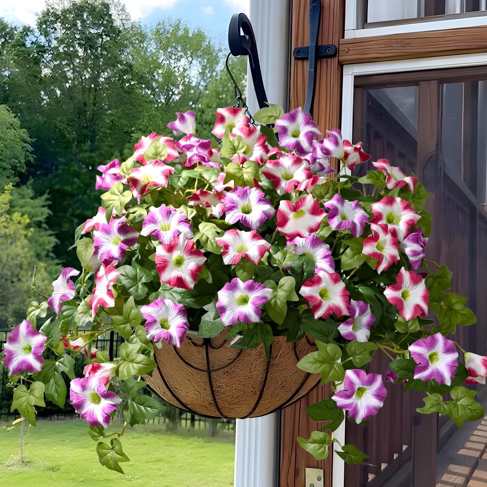 Artificial Hanging Flowers Plants with Basket for Outdoors, Artificial Petuni…