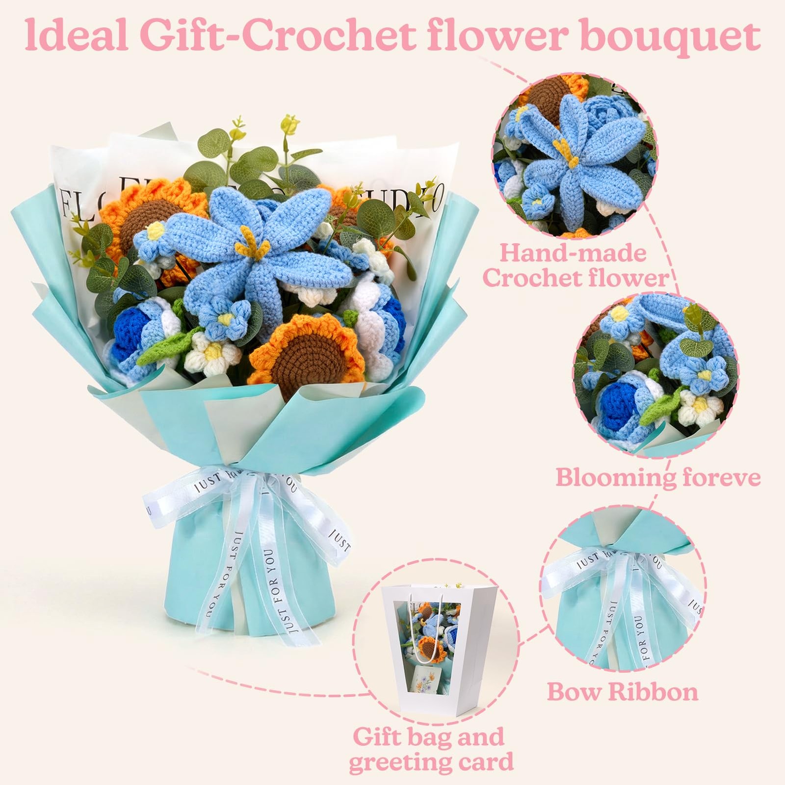 24 Flowers 15″ Tall Handmade Crochet Bouquet Rose Sunflower With Gift Bag