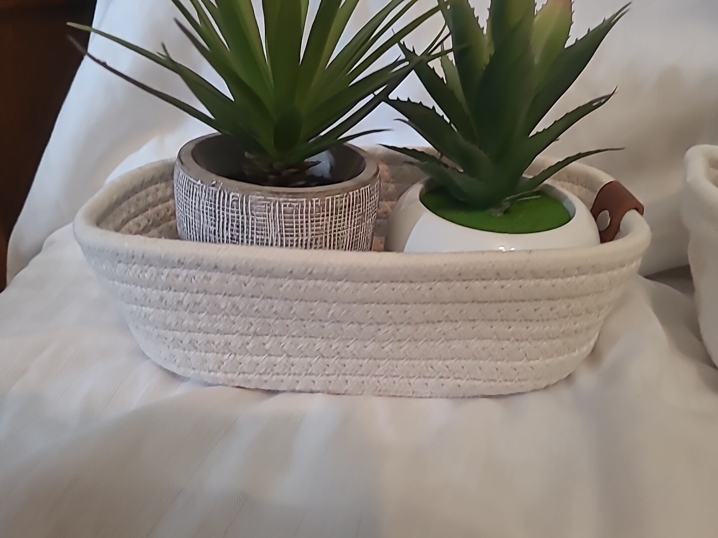 Set of 4 Decorative & Artificial Green Plants-White In Ceramic Pots W/baskets
