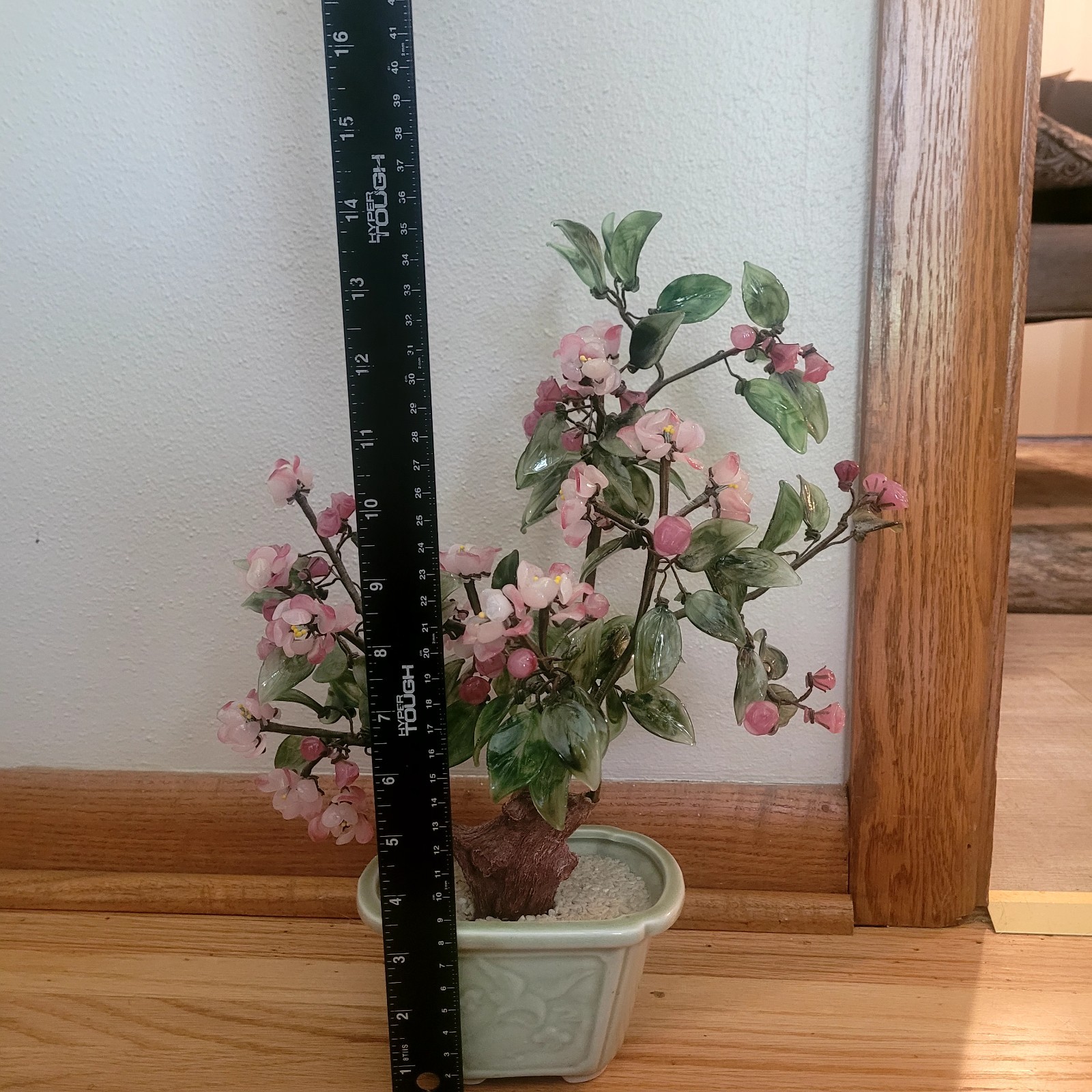 Vintage Chinese Glass Stone Jade Cherry Blossom Bonsai Tree Pink Flowers 14″