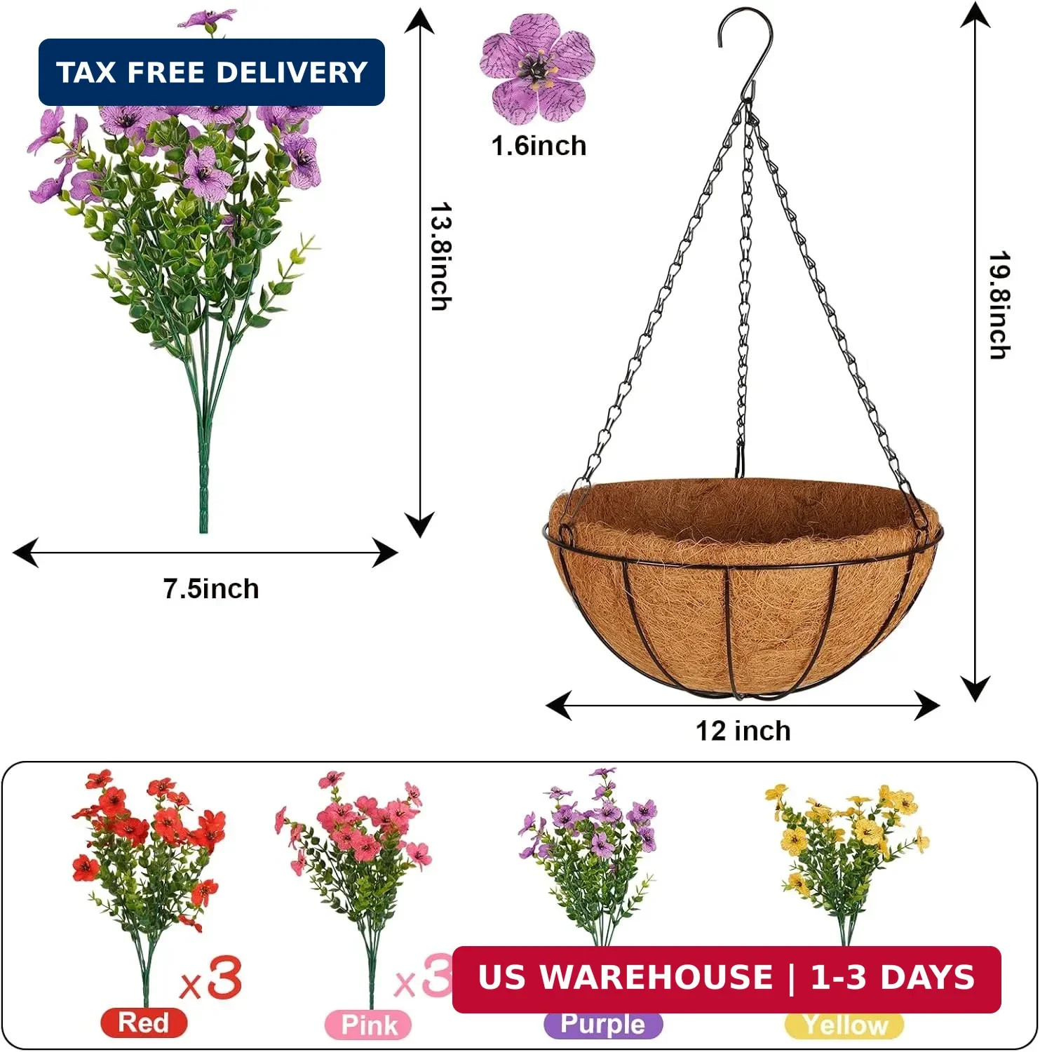 Artificial Outdoors Flowers with Hanging Basket, UV Resistant Fake Hanging Flowe