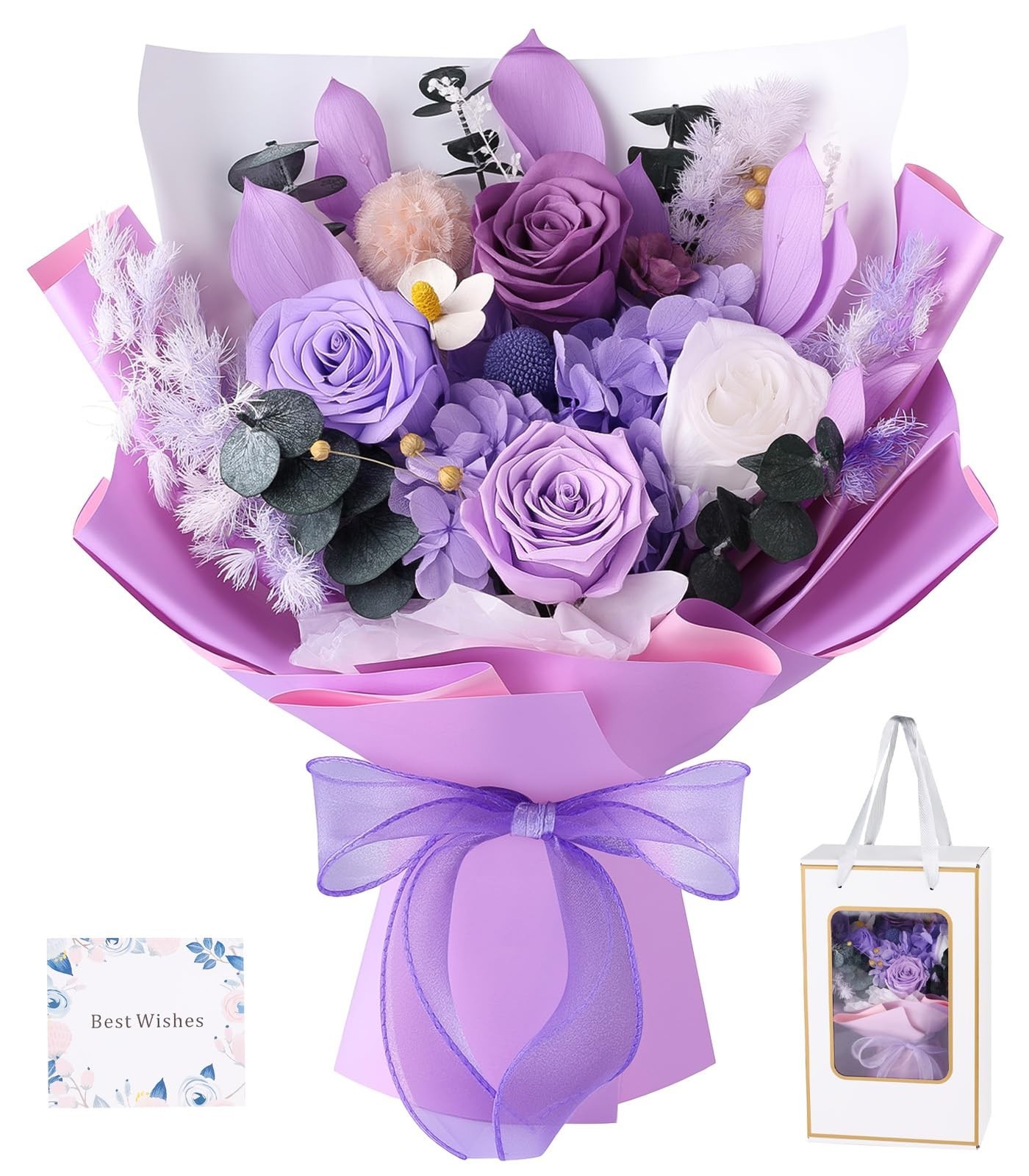 Elegant Preserved Flower Bouquet with Purple Roses – Perfect Gift for Women, Mom