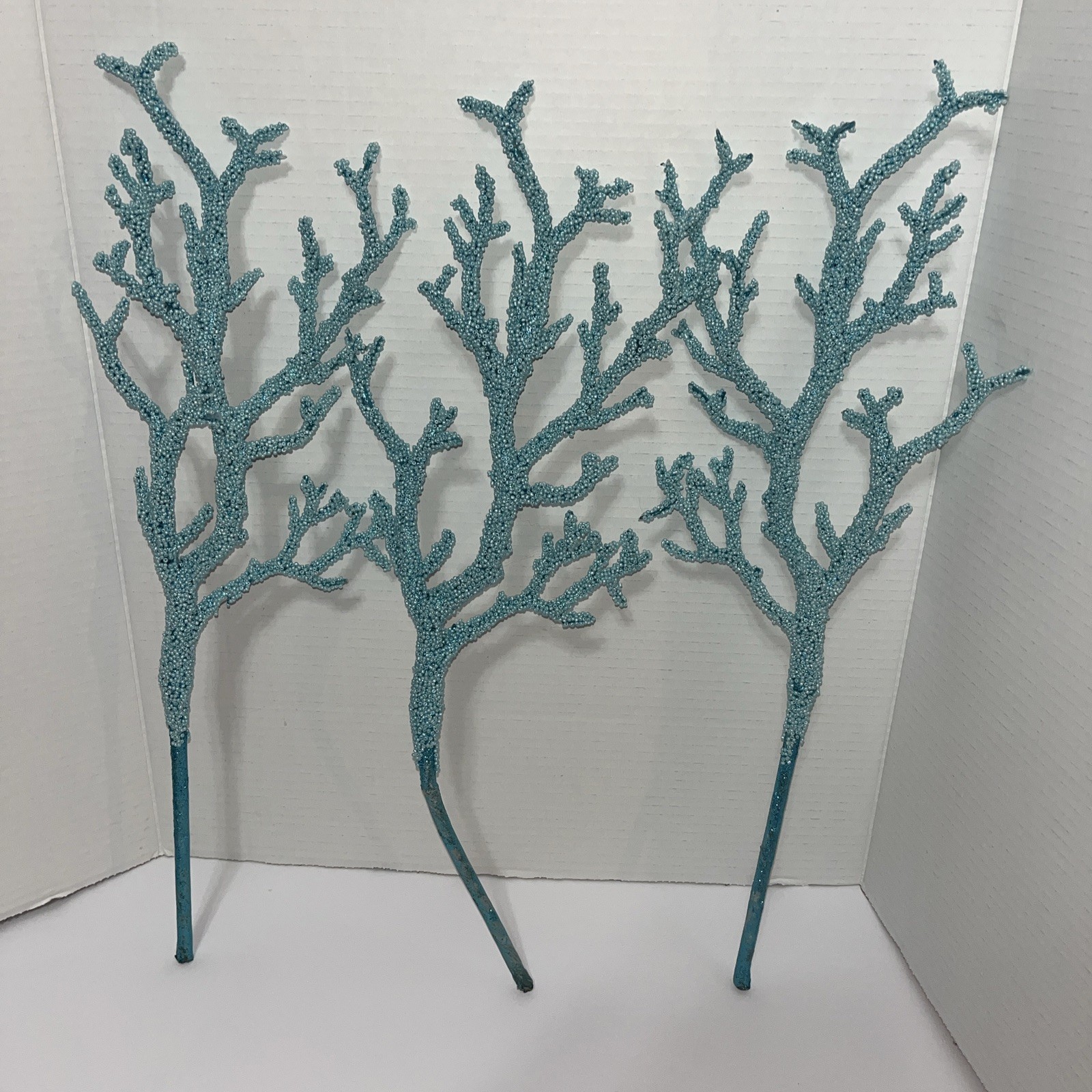 Lot Of 3 Glittered Beaded Twig Branch Spray Blue Coral Nautical Branch Florals