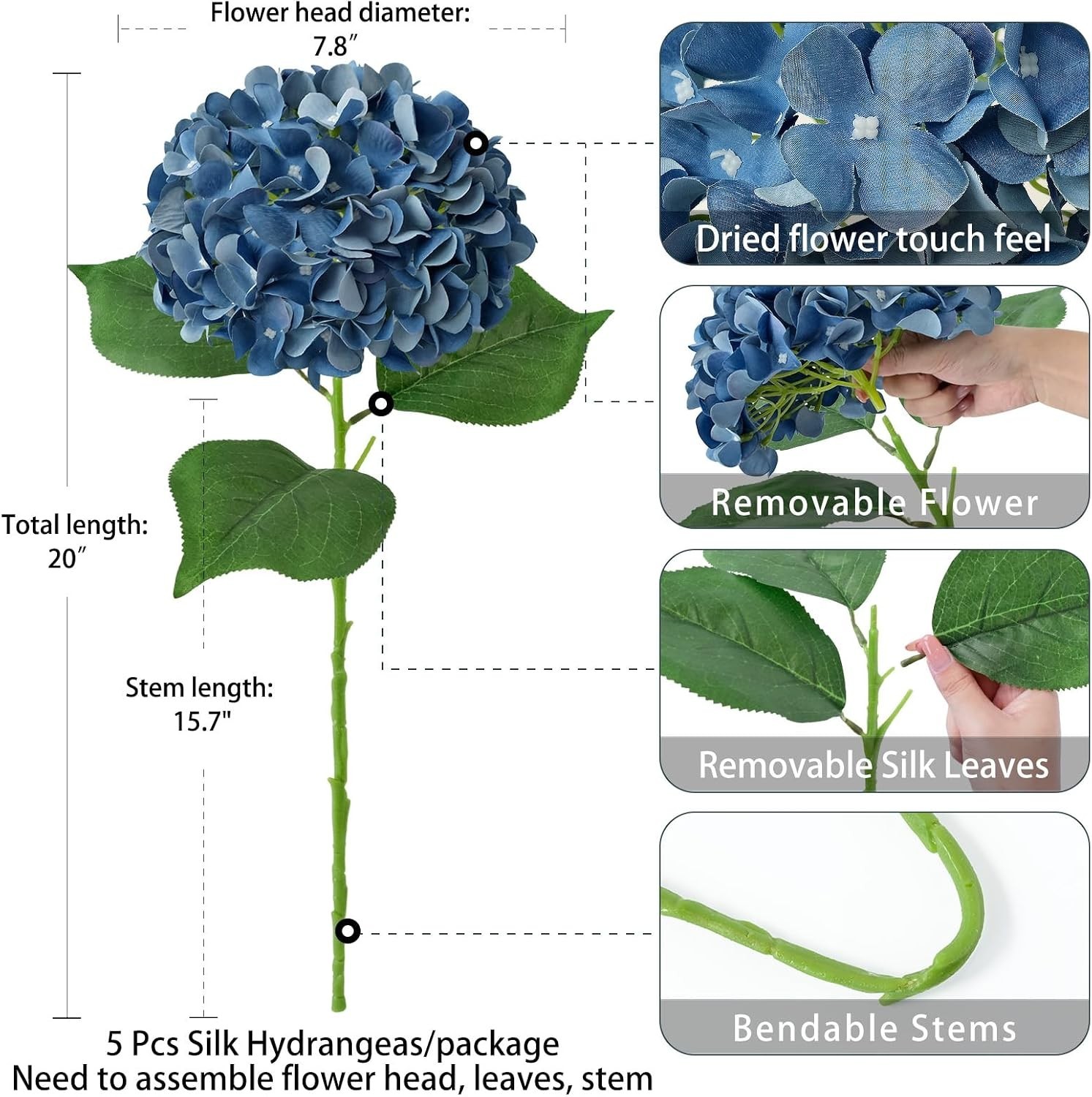 5 Pcs Dark Blue Silk Hydrangeas – 20” Faux Flowers for Elegant Home Decor