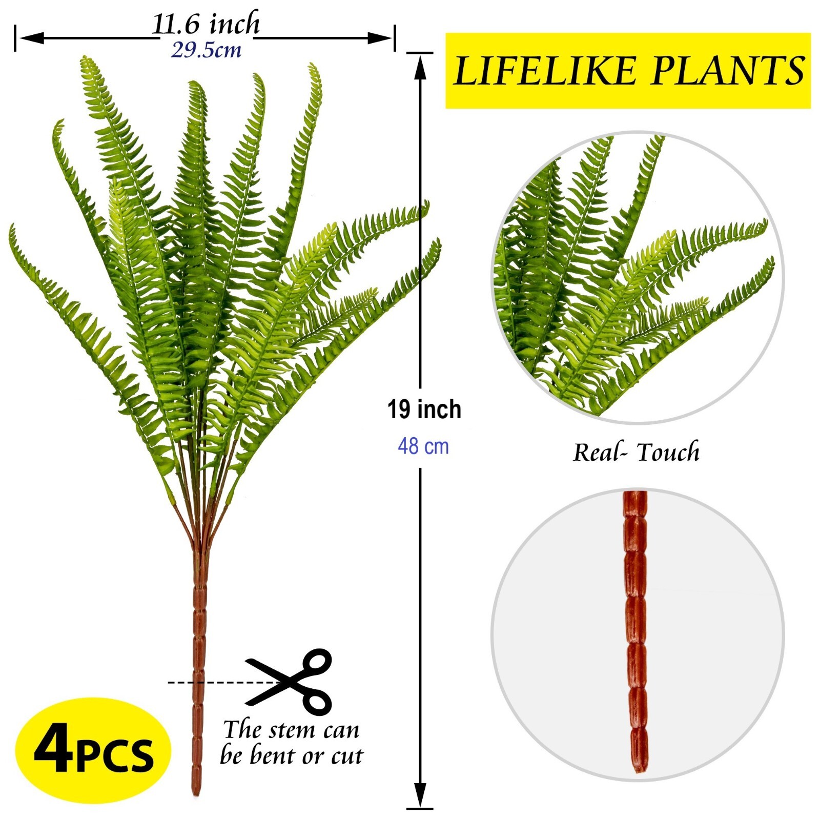 Boston Ferns Artificial Plants Bulk UV-Resistant Indoor Outdoor Decor, 4pcs