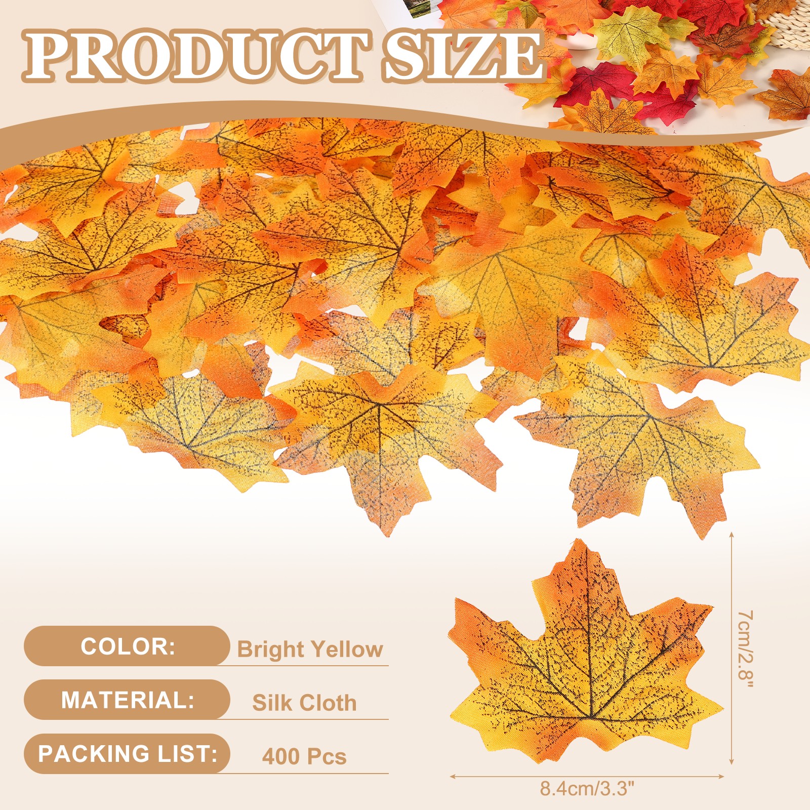 400Pcs Fall Leaves 3.3 Inch Colored Mixed Fake Leaf, Bright Yellow