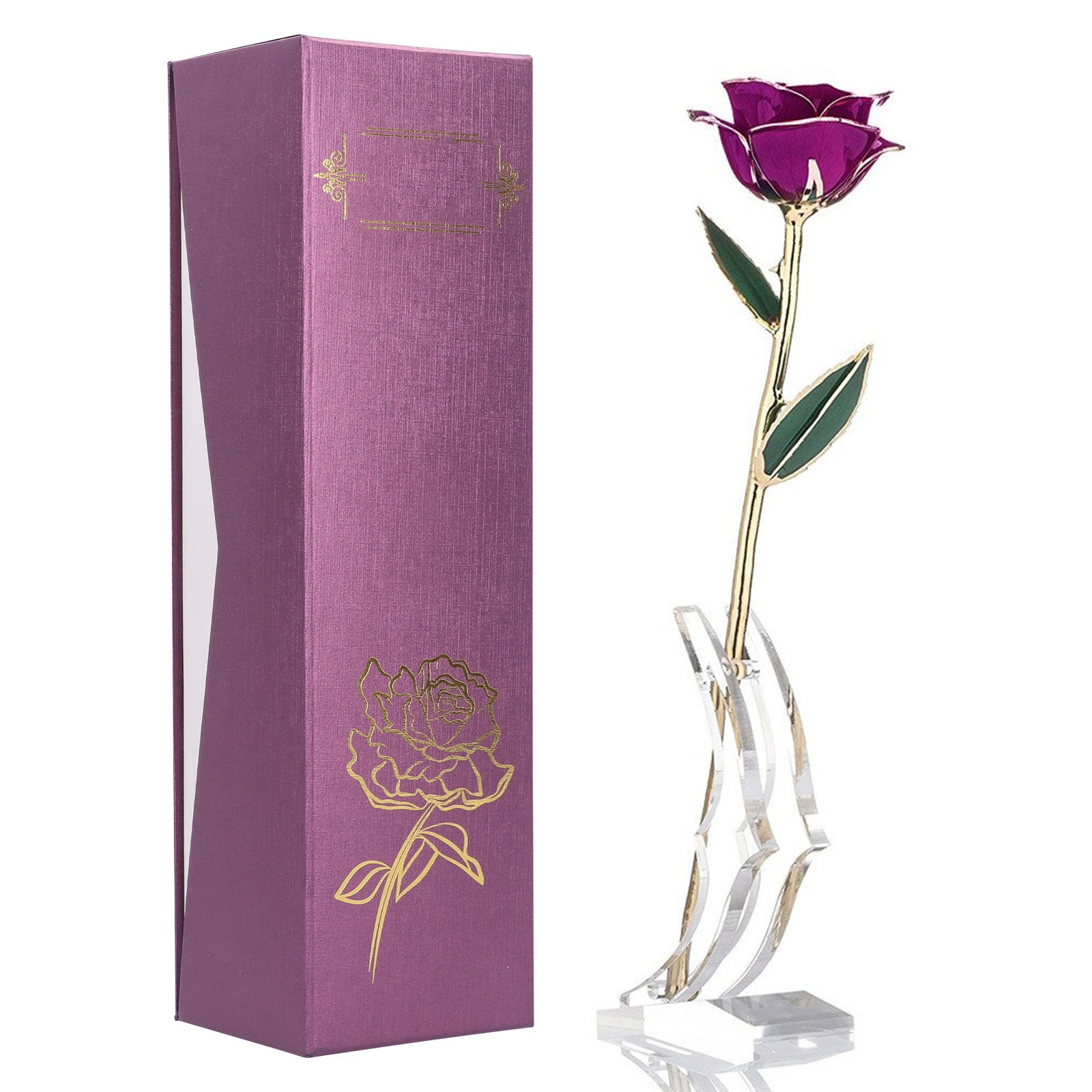 Real Purple Rose 24K Gold Dipped Preserved Flower Gifts For Valentines Day
