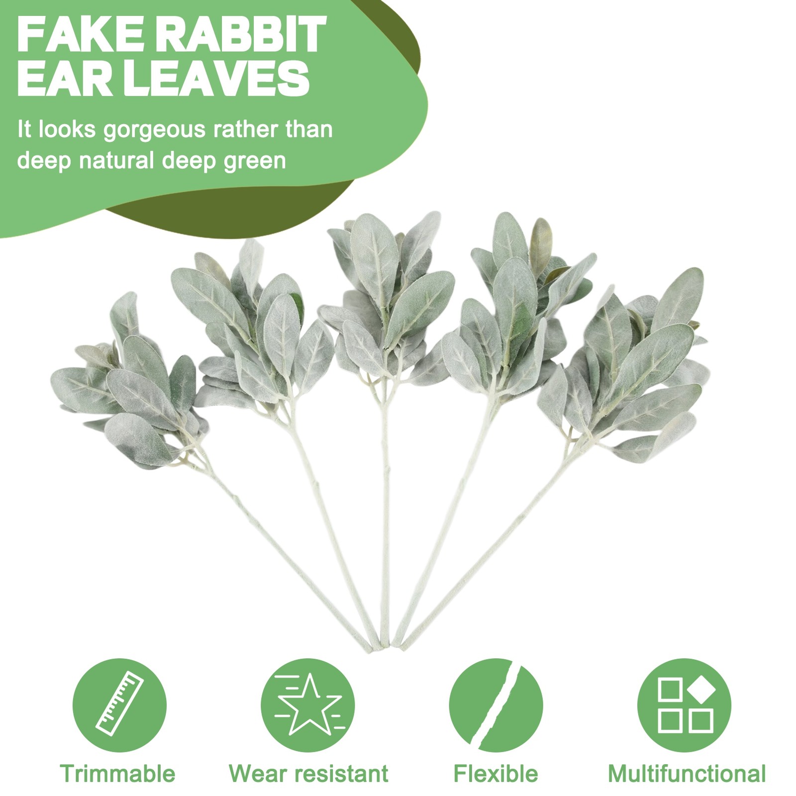 Faux Lambs Ear Stems 5Pcs Flocked Artificial Greenery Solid Fake Ear8144