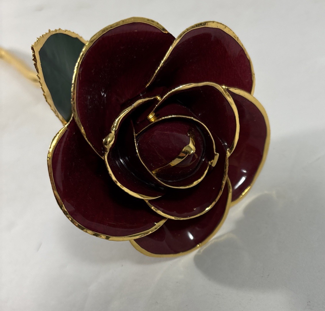 Gold Trimmed Valentine Red Rose 24K Style Long Stem Enamel Flower Gift 11”