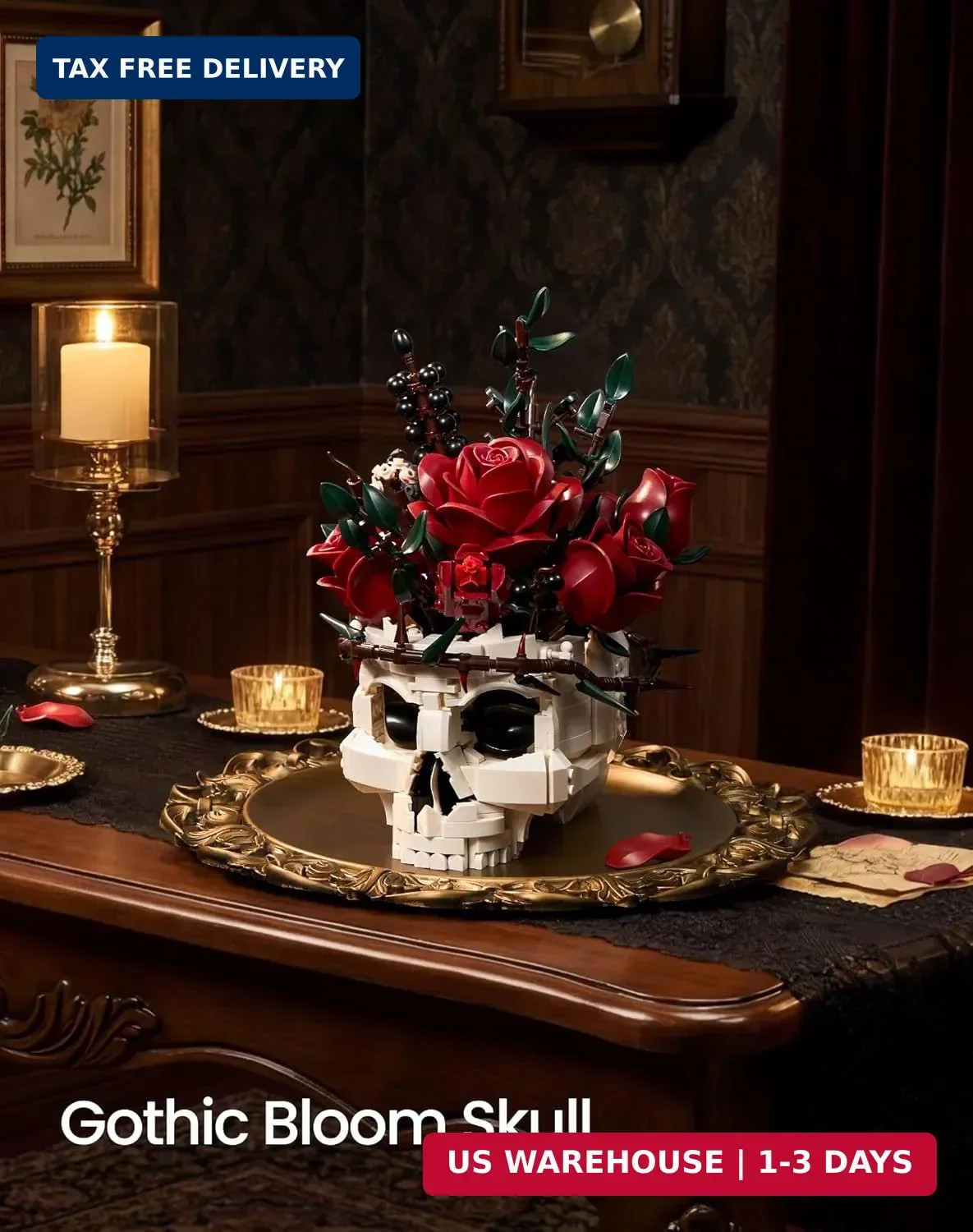 Gothic Skull Rose Flower Bouquet Building Set – Horror Skeleton Botanical Brick
