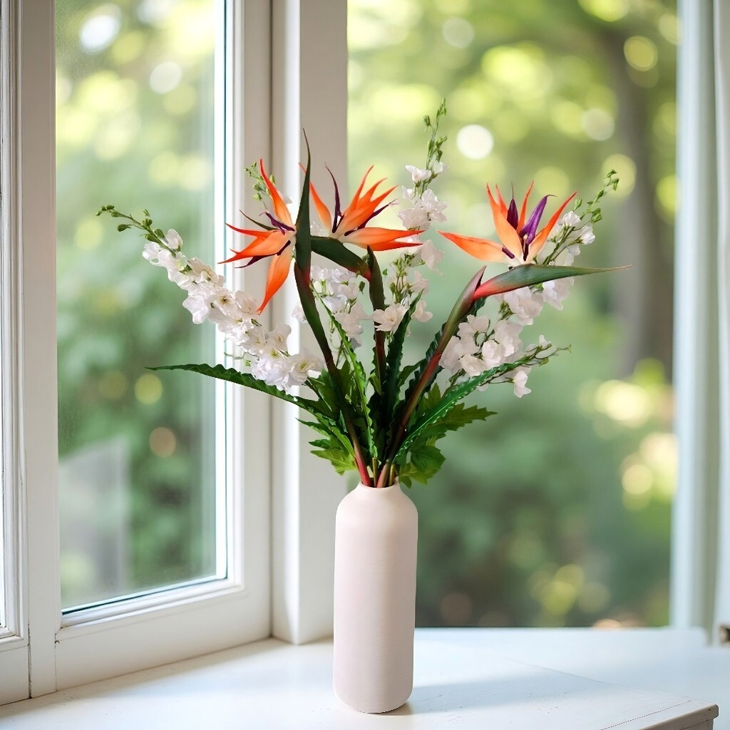 12-Stem Artificial Flower Set ?Bird of Paradise,Bird?s Nest Fern and Delphinium