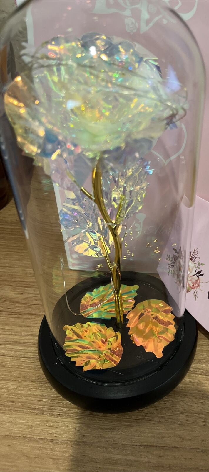 Colorful Artificial Flower Rose w/LED Lamp in Glass Dome Great Gift Idea! NEW