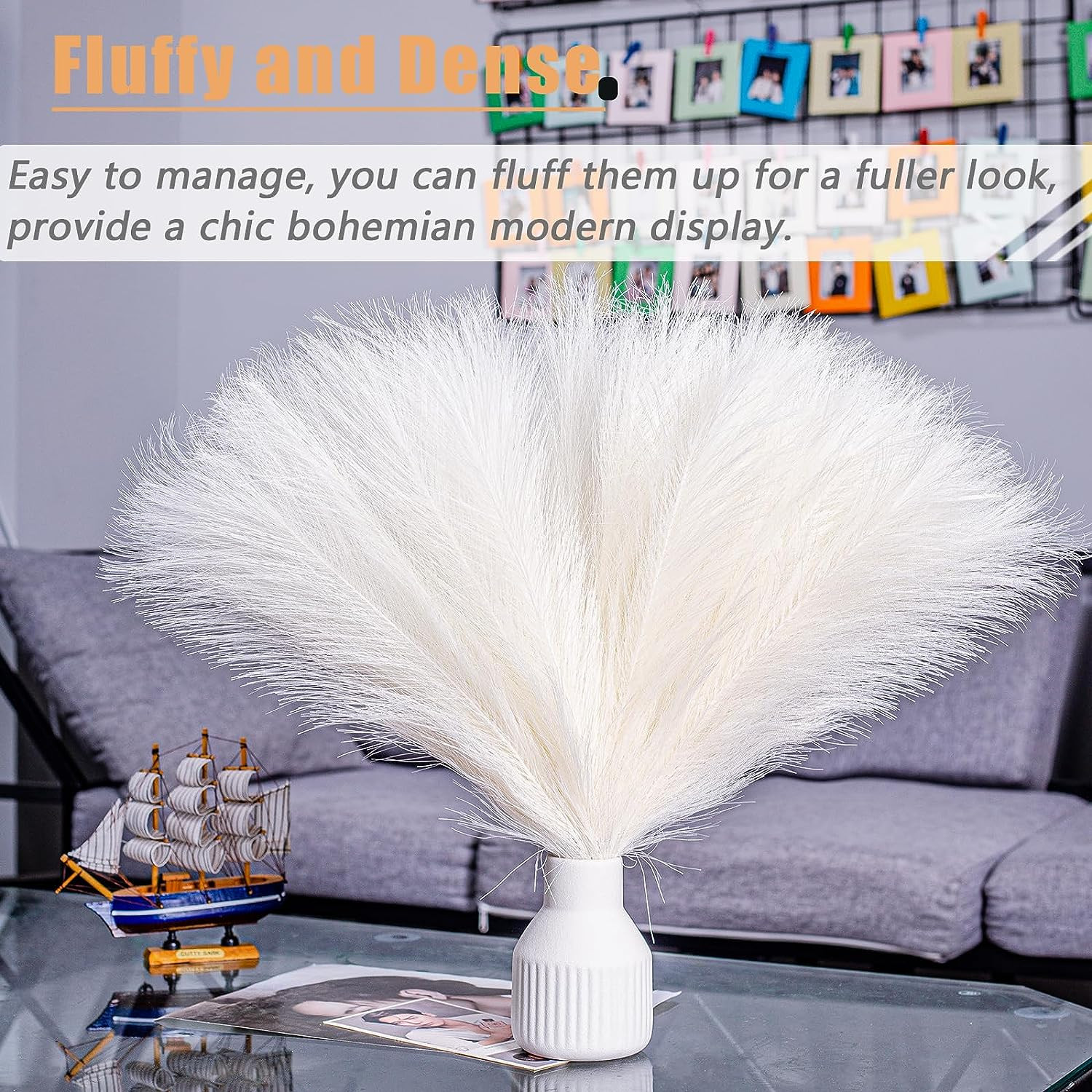 10 Stems White Pampas Grass Fluffy – 17.7″ Faux Pampas Grass Decor Small Pampas