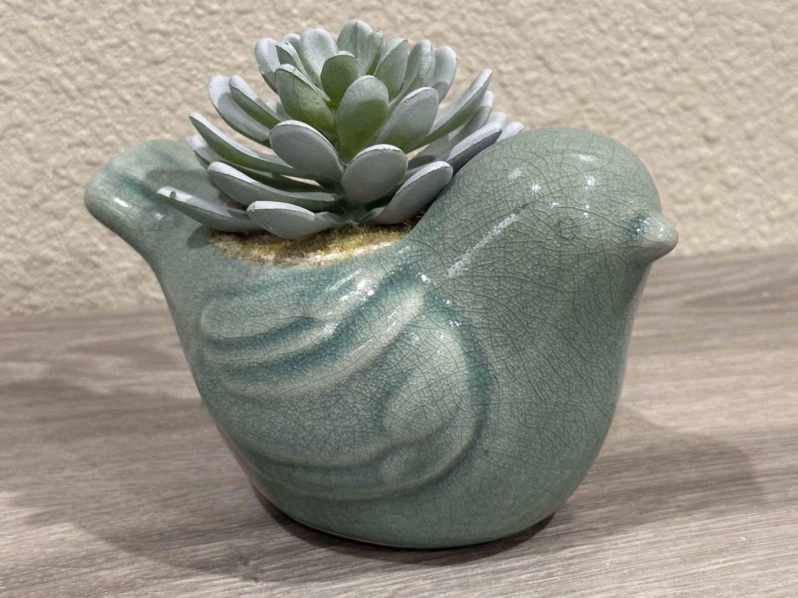 Ceramic Bird Figurine Succulent Planter With Faux Plant & Crackle Glaze Finish
