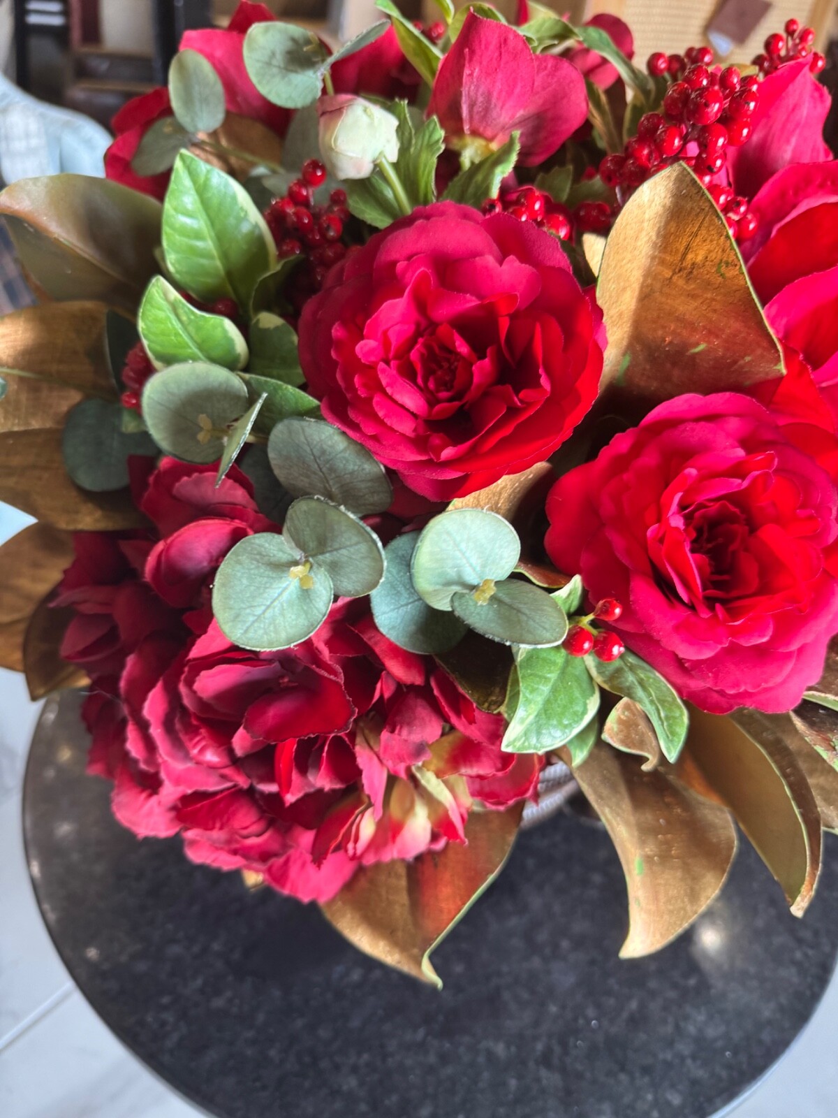 Faux Amaryllis Camellia Floral Arrangement in Planter-Winward Home