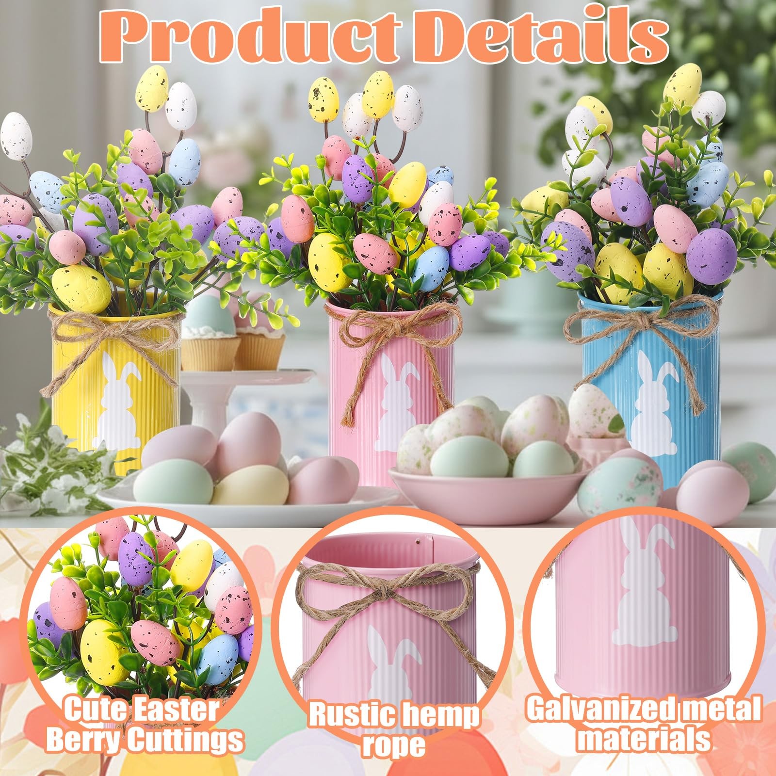 Easter Table Centerpiece Decorations, 3 Bunny Vase Centerpieces with 9 Artifi…