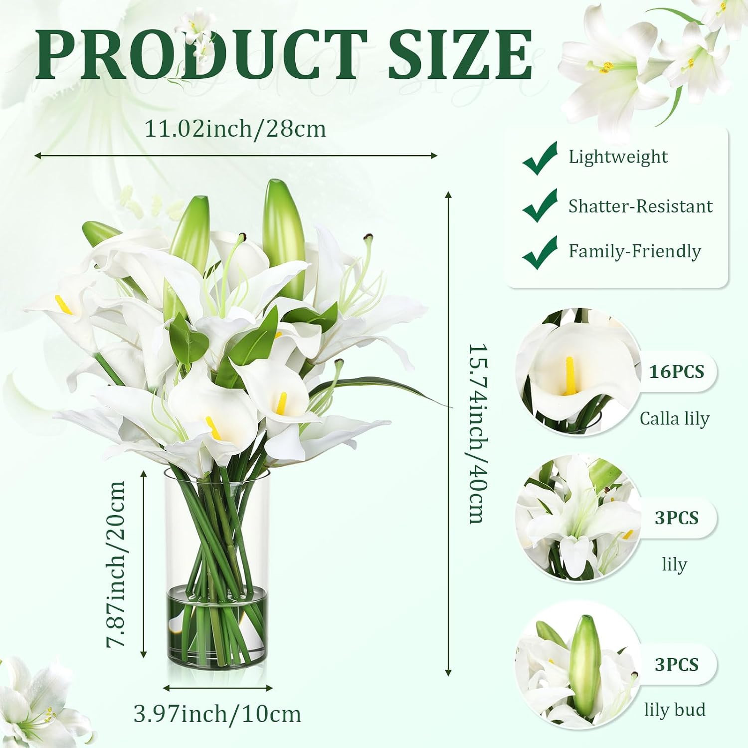 15.74″ White Artificial Calla Lily Flowers with Faux Water for Home Decor