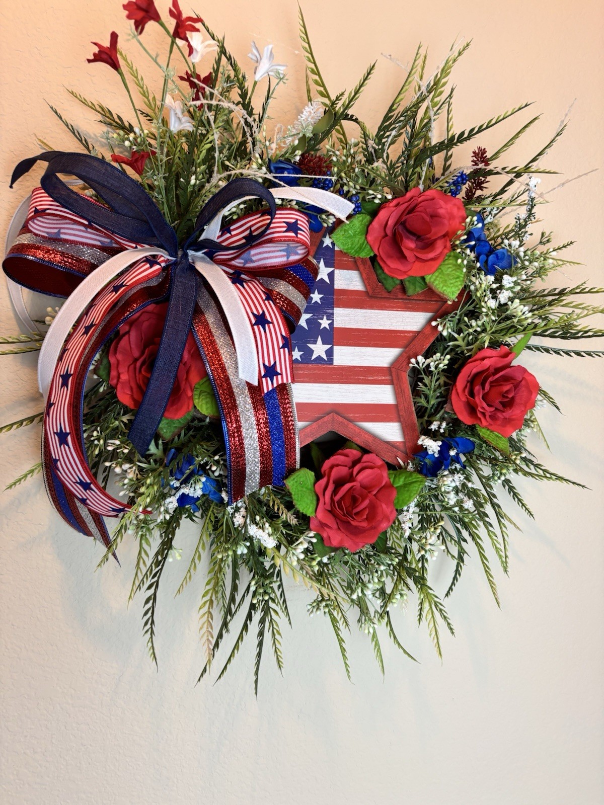 Patriotic Wreath USA Flag Red White Blue Front Door Decor Bow