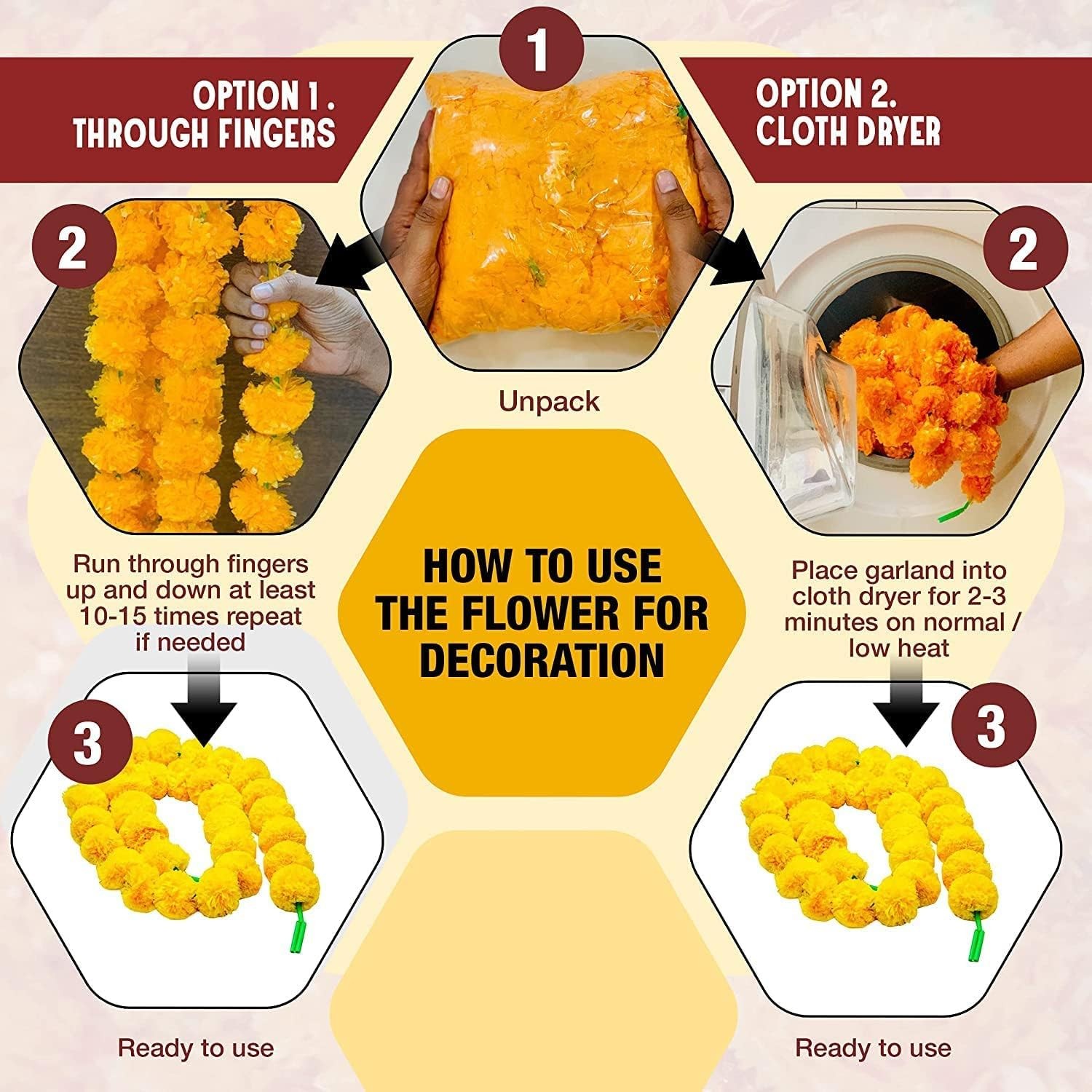 Dryphon Artificial Marigold Garland 5 Pc| Yellow Festival Decoration Pooja D�cor