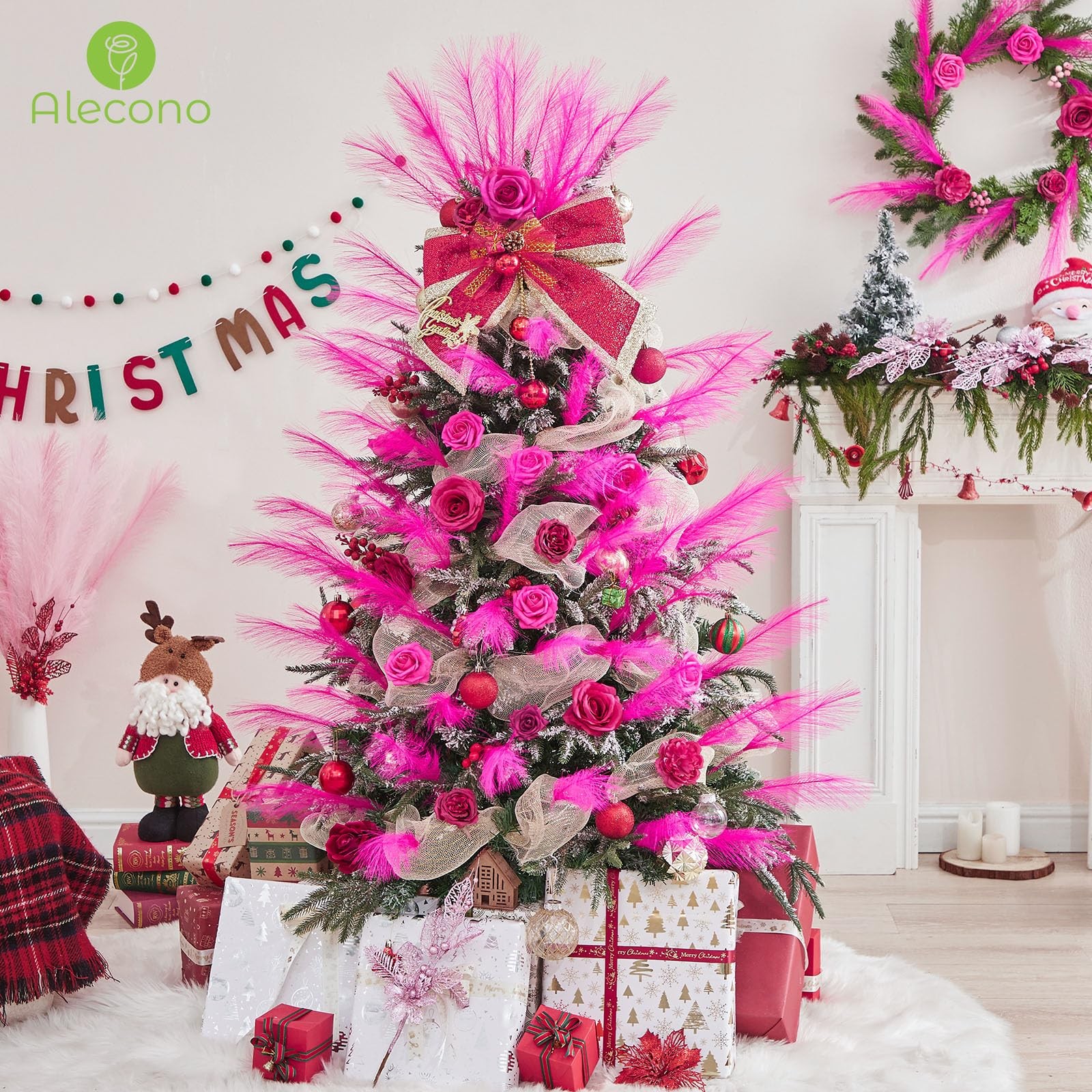 Hot Pink Pampas Grass 17in 𝟯𝟬𝙋𝙘𝙨, Artificial Faux Fluffy Pampas Grass De…
