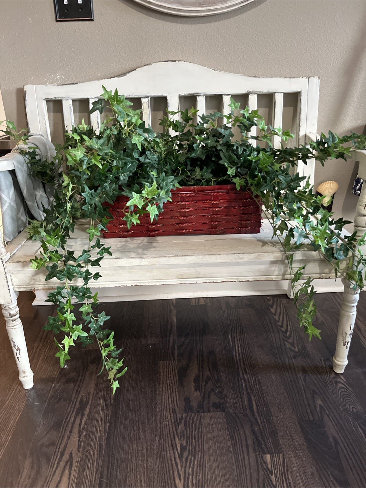 Faux Ivy In Red Wicker Basket 19”W x6 1/2”Dx6 3/8”H W/ Plant 19”H x58”W Used