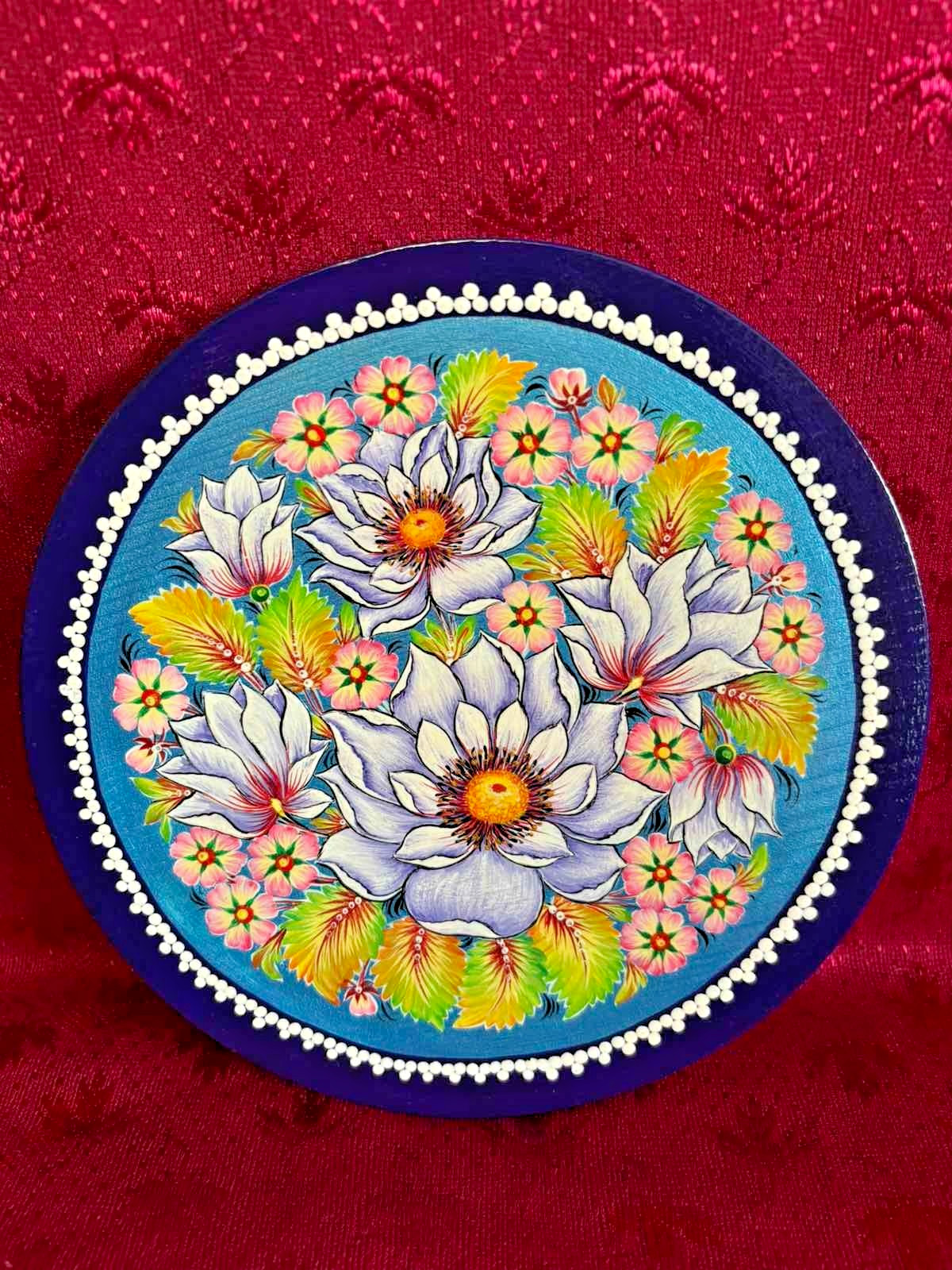 Decorative Wooden Plate with White Lilies |Cream & Snow-White Floral Design|Gift