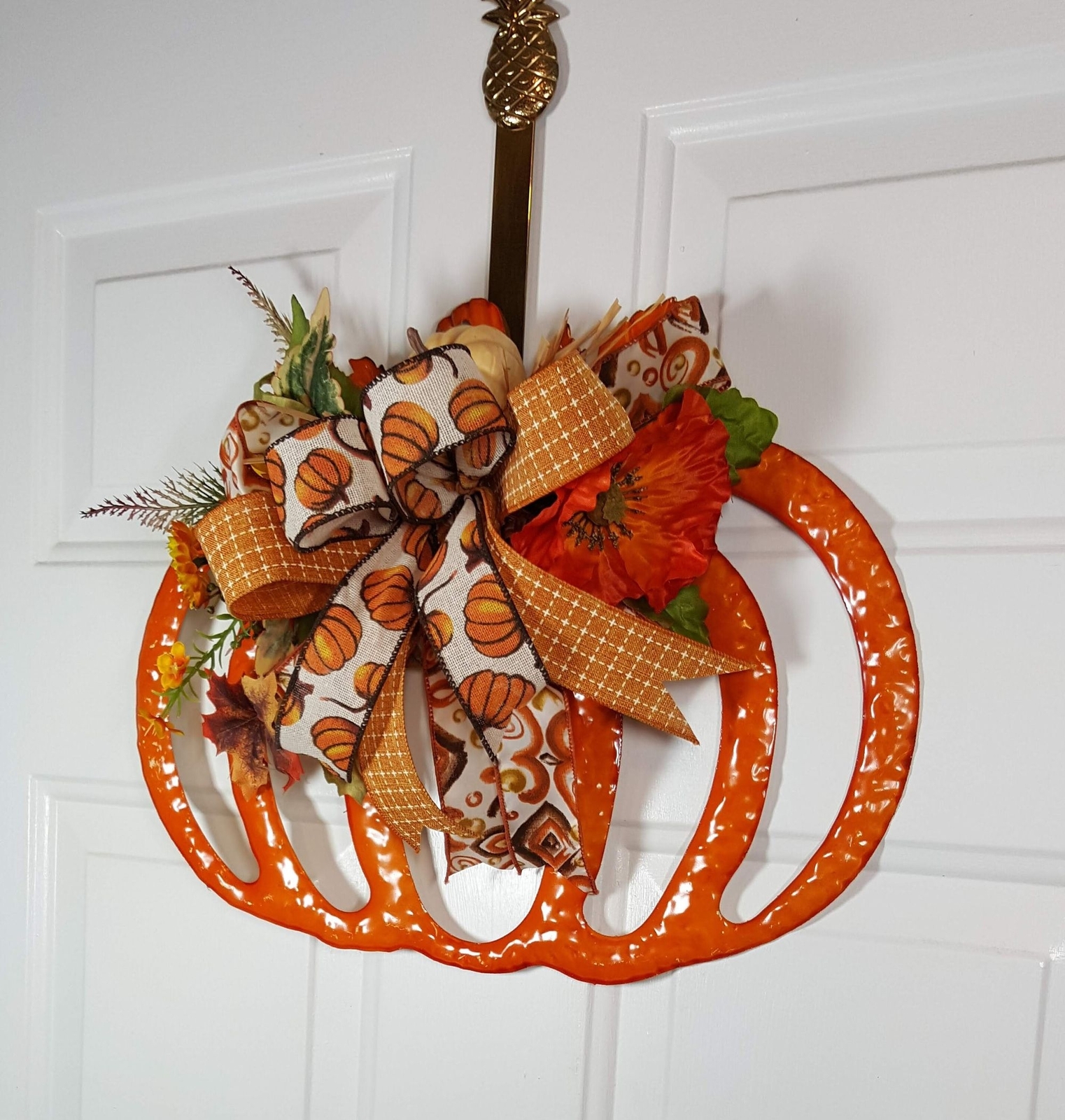 Orange Enamel Fall Pumpkin Wreath, Fall Halloween Decor, Sunflowers & Leaves